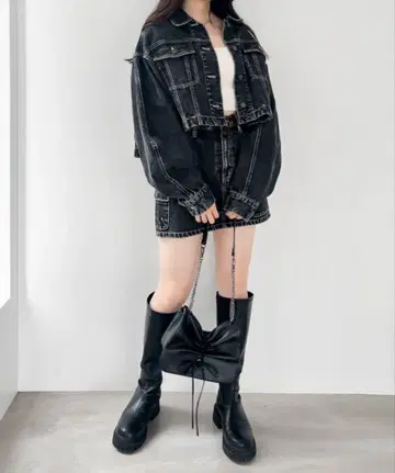Heather 다크 데님 크롭 자켓 셋업