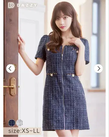 dazzy store 네이비 트위드 드레스 M 펄 버튼