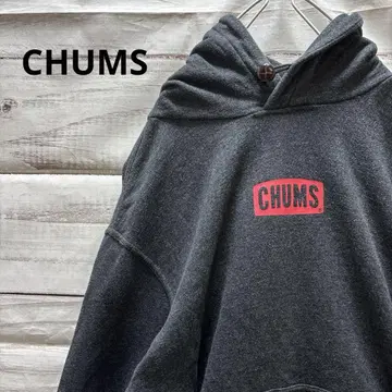 CHUMS 박스 로고 풀오버 후드티 속기모 호두 버튼 다크 그레이