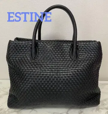 컨디션 최상 ESTINE 에스 티 느 블랙 가죽 토트백 뜨개질 디자인