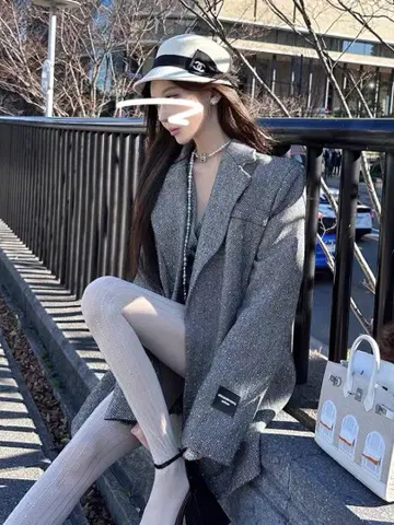 여름/가을 주목 루즈핏 자켓 원포인트 심플 여성용 라메 믹스