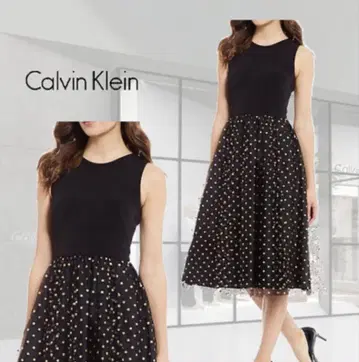 Calvin Klein 도트 무늬 플레어 원피스