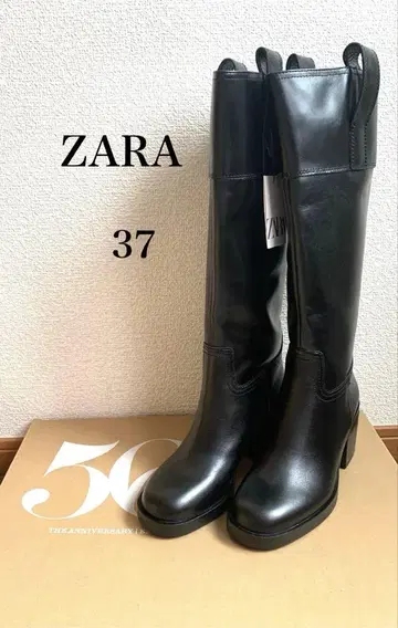 새상품 ZARA 하이 레그 가죽 롱 부츠 블랙 37 풀 탭 포함