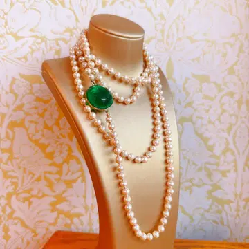 빈티지 에메랄드 그린x롱 펄 목걸이