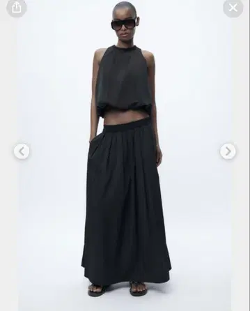 ZARA 퍼프 미디 스커트 블랙 플레어 롱 스커트 나일론