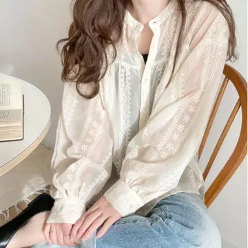 빈티지 자수 2way 시어 밴드 카라 셔츠