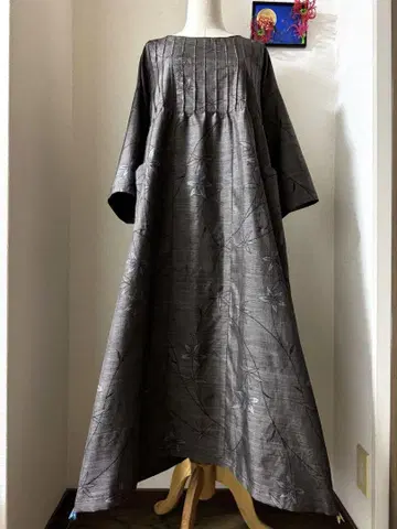 본고장 오시마 명주 순니조메 핀턱 롱 원피스 증지