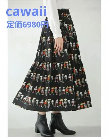 cawaii 퍼니한 그림 가랜드 미디엄 스커트 블랙 S~3L