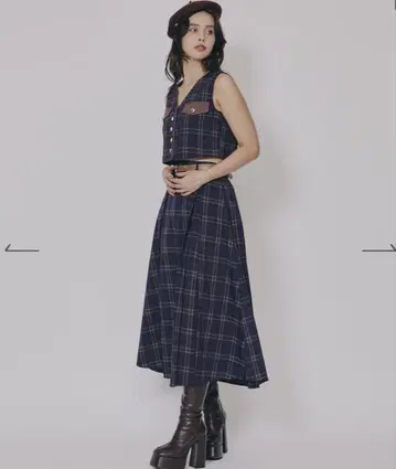 레이디 아젤 클래시컬 체크 베스트 & 플레어 스커트 셋업