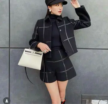 셰리에 가죽 체크 숏코트