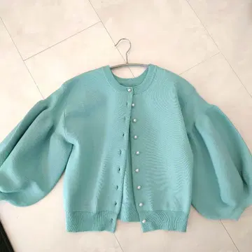 민트 그린 벌룬 슬리브 가디건
