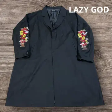 LAZY GOD 자수 블랙 롱 코트 나무늘보 동물 자수