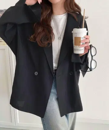 린넨 느낌 시어 소재 돌먼 슬리브 오버 사이즈 더블 테일러드 자켓