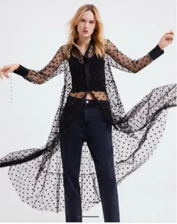 컨디션 최상 ZARA 도트 무늬 튤 원피스 시스루 롱 셔츠 xs 베스트