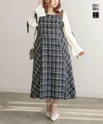 CLETTE 소매 리본 체크 무늬 트위드 원피스