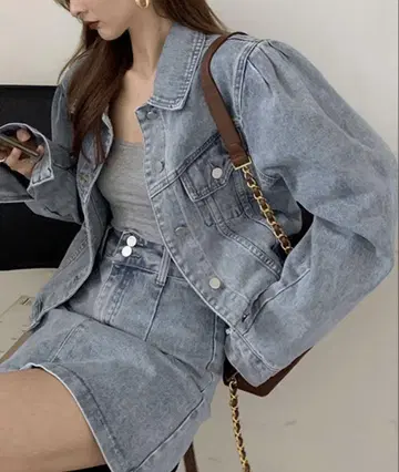 파워숄더 데님 자켓 + 미니 타이트 스커트 2종 셋업