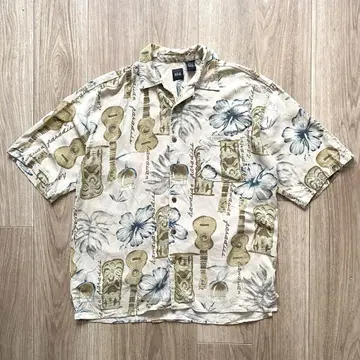 VINTAGE 올 패턴 실크 오픈 카라 하와이안 셔츠