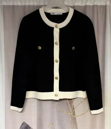ZARA 골드 버튼 니트 노카라 자켓 가디건 모노톤