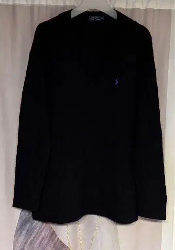 폴로 랄프로렌 포니 자수 울 캐시미어 케이블 V넥 니트 블랙