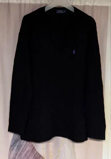 폴로 랄프로렌 포니 자수 울 캐시미어 케이블 V넥 니트 블랙