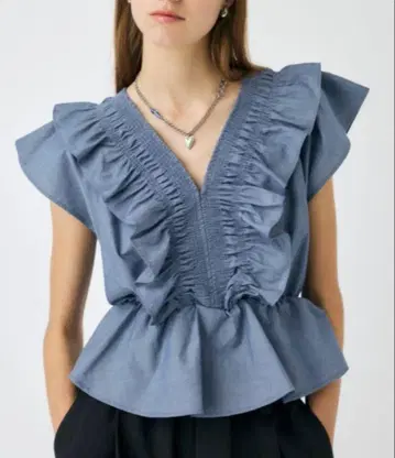 MOUSSY SHIRRING RUFFLE PEPLUM 상의/블루