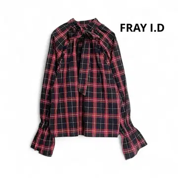 FRAY I.D 보타이 블라우스 체크 프릴 쓰리 슬리브 셔츠 빨간색