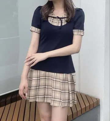 원웨이 퍼프 슬리브 체크 셋업 원피스