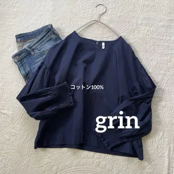 그린 grin 코튼 100% 셔링 와이드 풀오버 셔츠 네이비