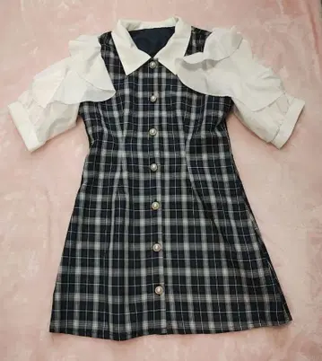 체크 무늬 원피스 미니 원피스 프릴 양산형