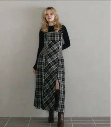 andmary Nadia 체크 롱 드레스 블랙