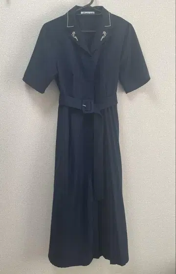 네이비 자수 반팔 셔츠 원피스 벨트 포함