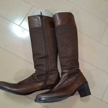 브라운 가죽 울 롱 부츠