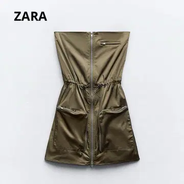 ZARA 스트랩리스 원피스 카키 카고 포켓 베어탑 S