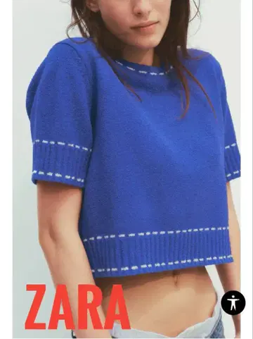 ZARA 자라 반팔 스티치 니트탑 블루