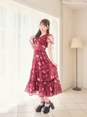 evelyn 에블린 오리지널 리본 무늬 OP 원피스 보르도 레드