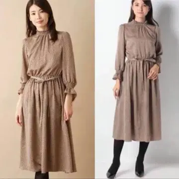 아나이 새틴 도트 프린트 셔링 롱 원피스