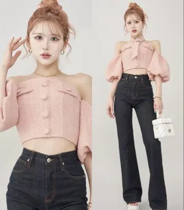 Darich 홀터넥 오프숄더 트위드 상의