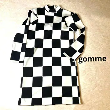새상품급 마키히로시게 gomme 밴딩 체크 패턴 긴팔 원피스 화이트 블랙