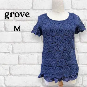 grove 레이스 상의 블라우스 M 블루 꽃무늬 여성용