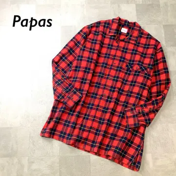 Papas 체크 패턴 플란넬 셔츠 가슴 포켓 긴팔 레드 계열