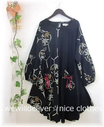 새상품 M/L 일본풍 패턴 튜닉 원형 원피스 꽃 단풍 블랙 계열