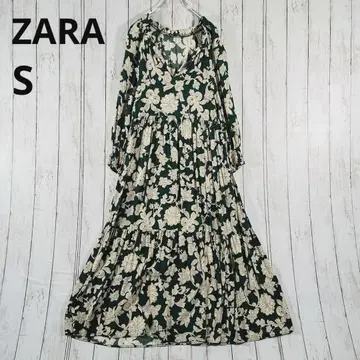 ZARA 자라 롱 맥시 길이 원피스 긴팔 7부 소매 S 그린 올 패턴