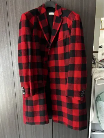 DRIES VAN NOTEN 울 빨간색 체크 코트