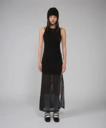 aclent 블랙 슬리브리스 롱 원피스