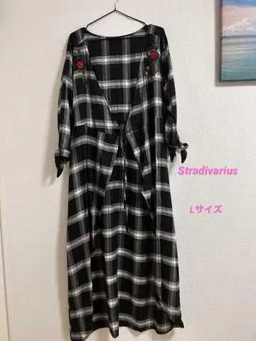 Stradivarius 체크 무늬 자수 긴팔 셔츠 원피스 L 사이즈