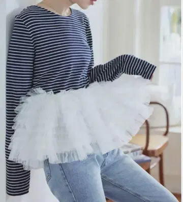 택 포함 새상품 고베 레터스 밑단 튤 도킹 긴팔 보더 상의 네이비