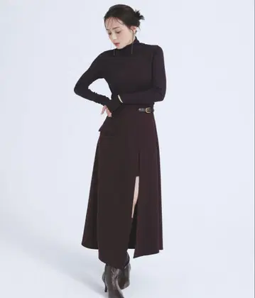 택 포함 미사용 아뉴앙스 비대칭 레이어드 스커트 버건디