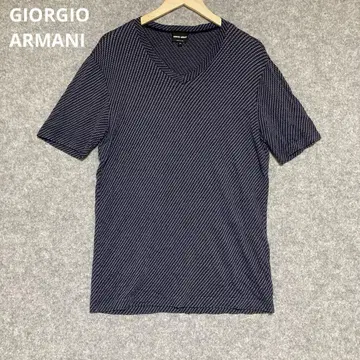 GIORGIO ARMANI 네이비 스트라이프 V넥 반팔 티셔츠