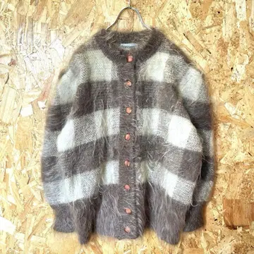 빈티지 체크 모헤어 가디건 샤기 니트