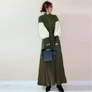 마지막 1개 플리츠 원피스 롱 백리본 깔끔한 어른 슬림 루즈핏 긴팔 그린